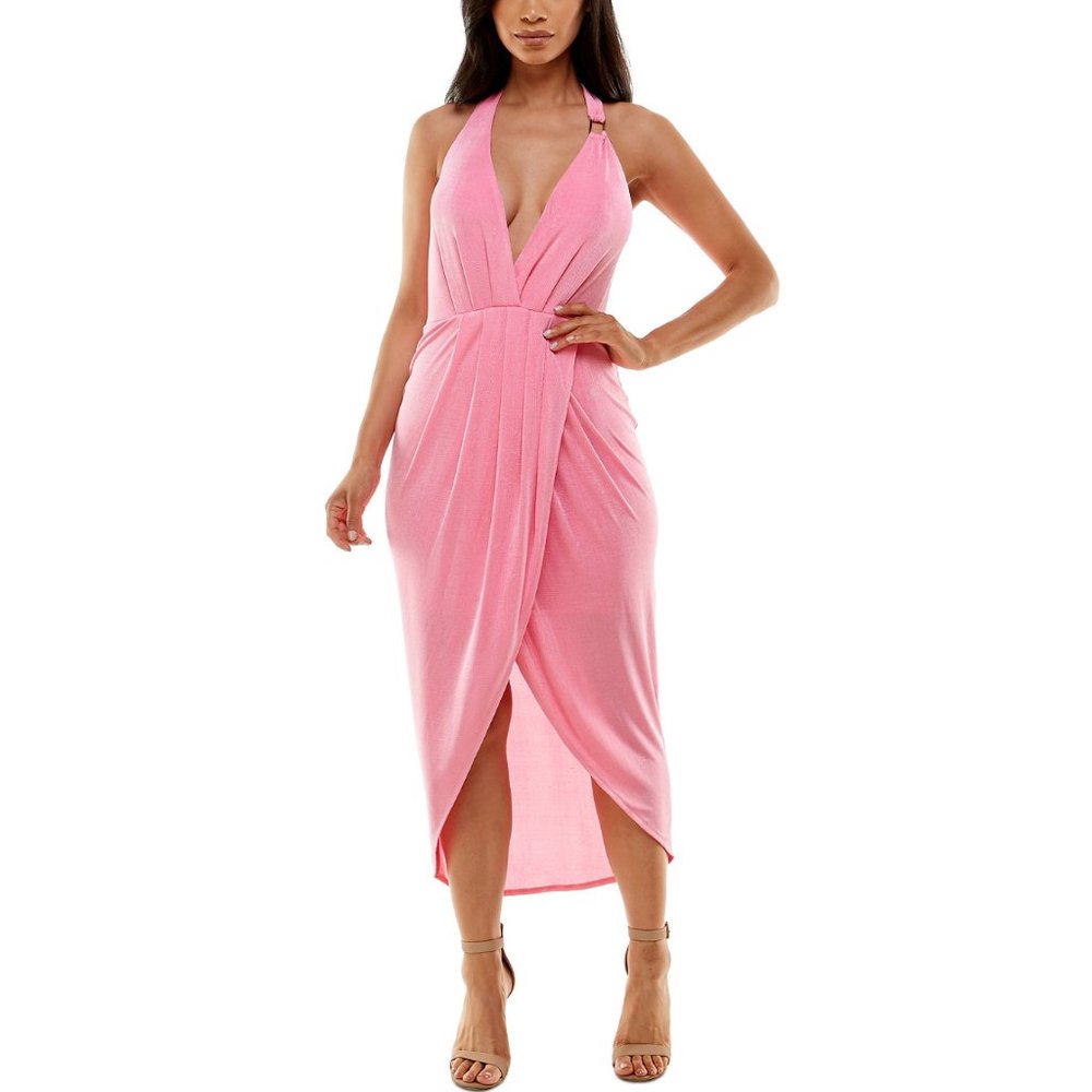 Bebe Women Sleeveless Faux Wrap Tea Length Halter High-Low Dress Sz S, M, L Pink